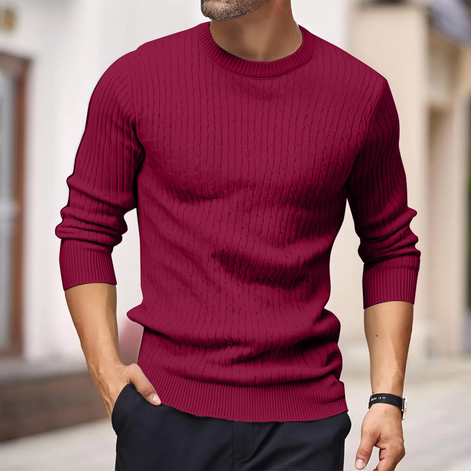 

Men's Autumn Pullover Sweaters Solid Color Cable Knit Round Neck Sweater Slim Fit Long Sleeve Tops Warm Base Layer Knitwear