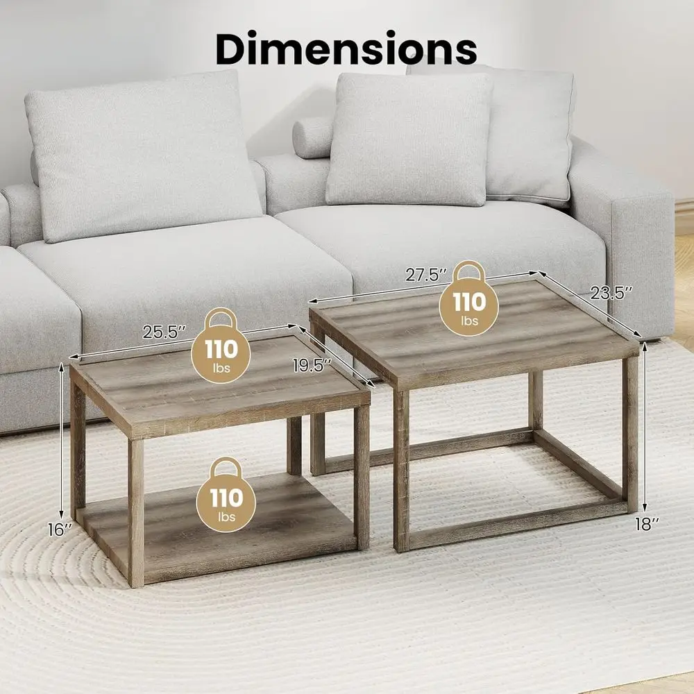 2-Piece Nesting Coffee Table Set, Stackable 2-Level End Tables with Storage, Rubberwood Frame, Grey Oak Finish, Ideal for Small