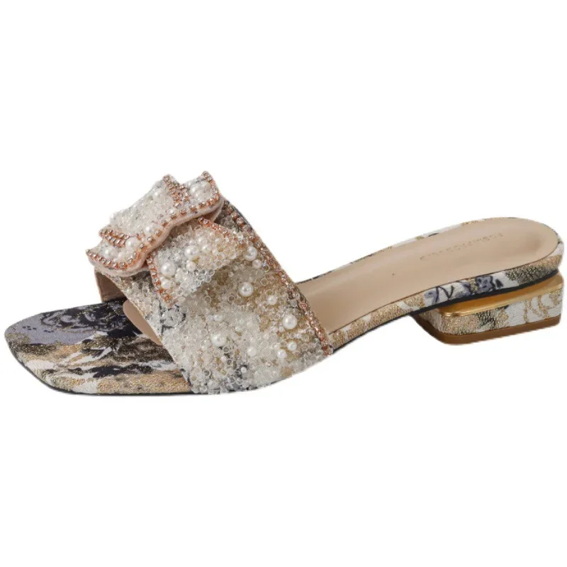 Thick Heel Women Sandals Summer Slippers Outer Wear Fashion Bottom Woman Rhinestone Shoes Ladies Casual Sandals Luxury Styles