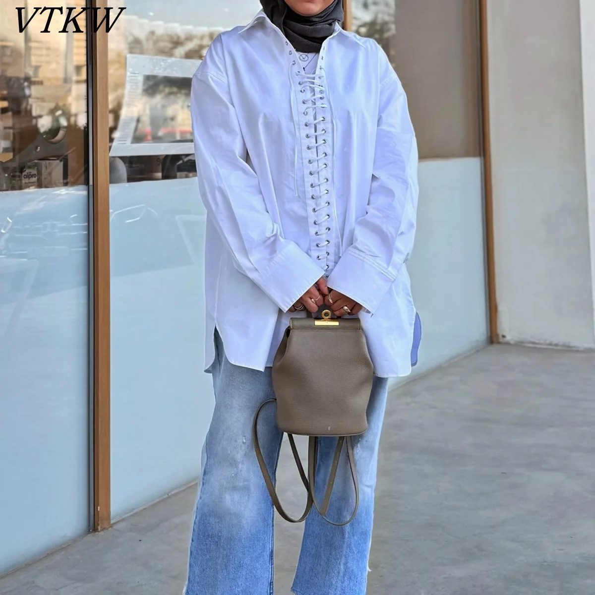 

VTKW Spring 2025 Solid-color Collar With Drawstring Front-opening Design - A New High-quality Side-slit Loose-fitting Shirt