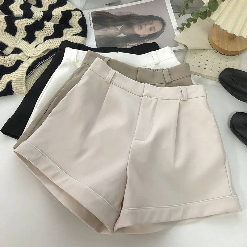 

2024 New Casual Roll-Up Shorts for Women High Waist Suit Loose Leg Shorts Woman Simple Style Solid Color Slimming Shorts Mujer