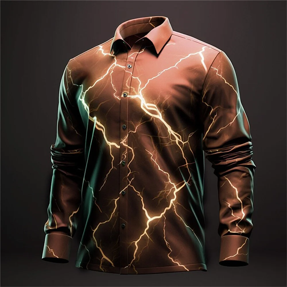 Lightning Print Men's Shirts Casual Single-Breasted Blouses Long Sleeve Shirt New Streetwear Lapel Tops Trend Tops Men Clothing