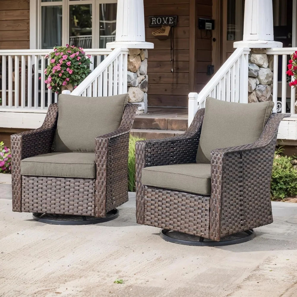 Outdoor Swivel Rocker Patio Chairs, Brown Rattan Patio Wicker Chair, Outdoor Swivel Glider, Patio Swivel Rocking Chairs Set of