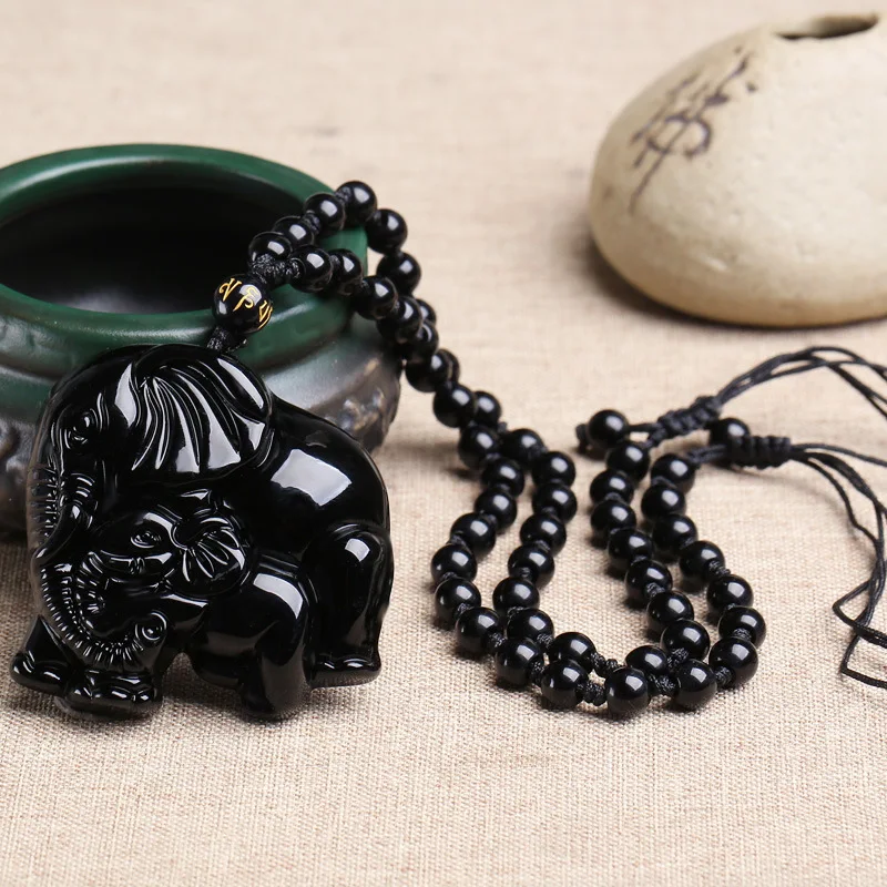 Natrual Obsidian Carved Elephant Nose God of Wealth Lucky Pendants Black Obsidian Necklace for Women Men