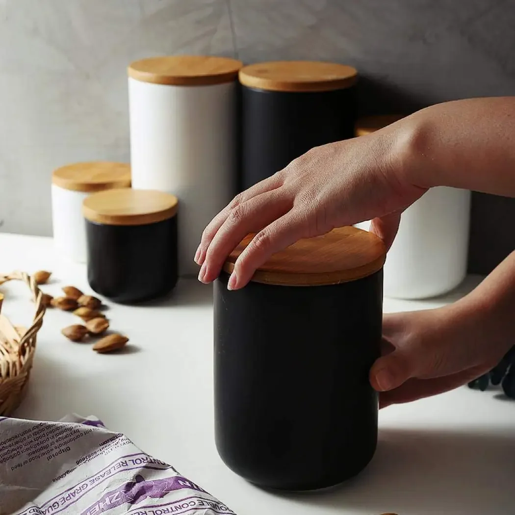 Ceramic Food Storage Jar Canister with Airtight Wooden Lid, Loose Tea Coffee Sugar Spice Nuts Snacks Seasonings Storage