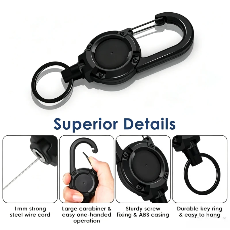 Retractable Heavy Duty Pull Reel Carabiner Strong Steel Wire Rope Buckle Spri...