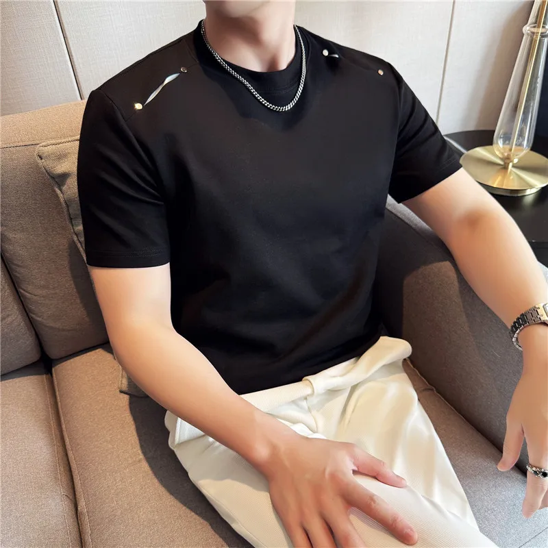 Men Short Sleeved T-shirt Summer Light Solid Casual Top Elastic Slim Fit Round Neck T-shirt Trendy Fashion Campus Student Youth