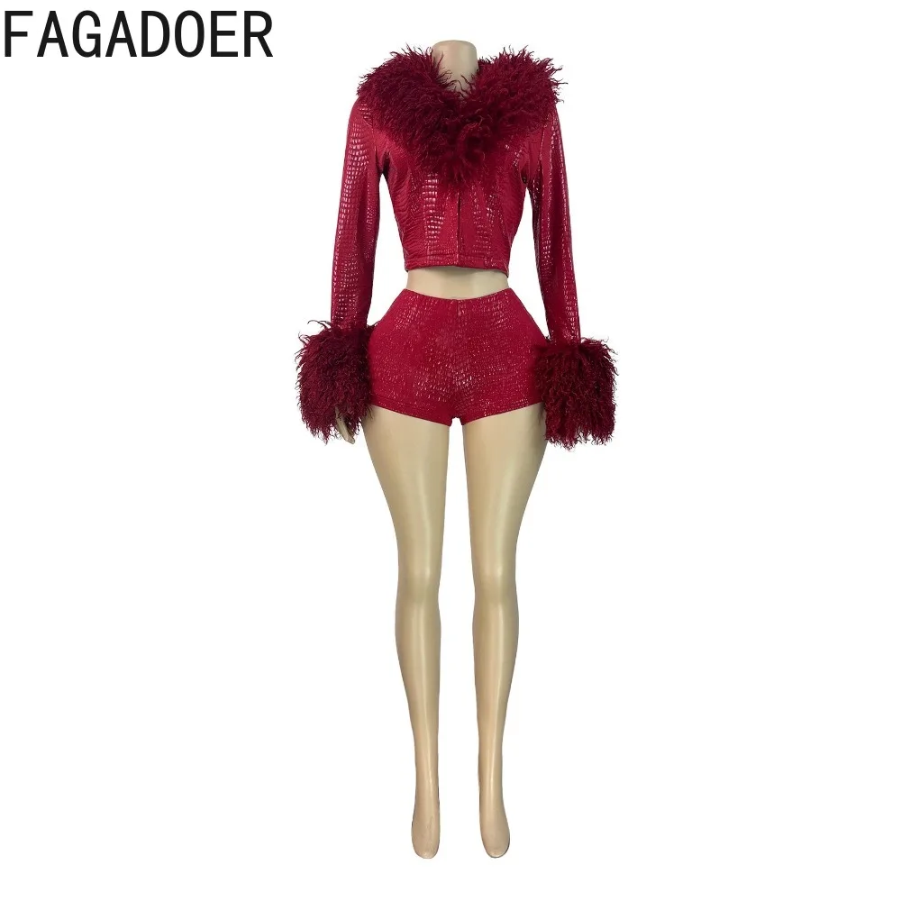 FAGADOER 冬の新ファッションゴールドスタンピングツーピース衣装女性革毛皮パッチワーククロップジャケット + パンツ女性ストリートウェア