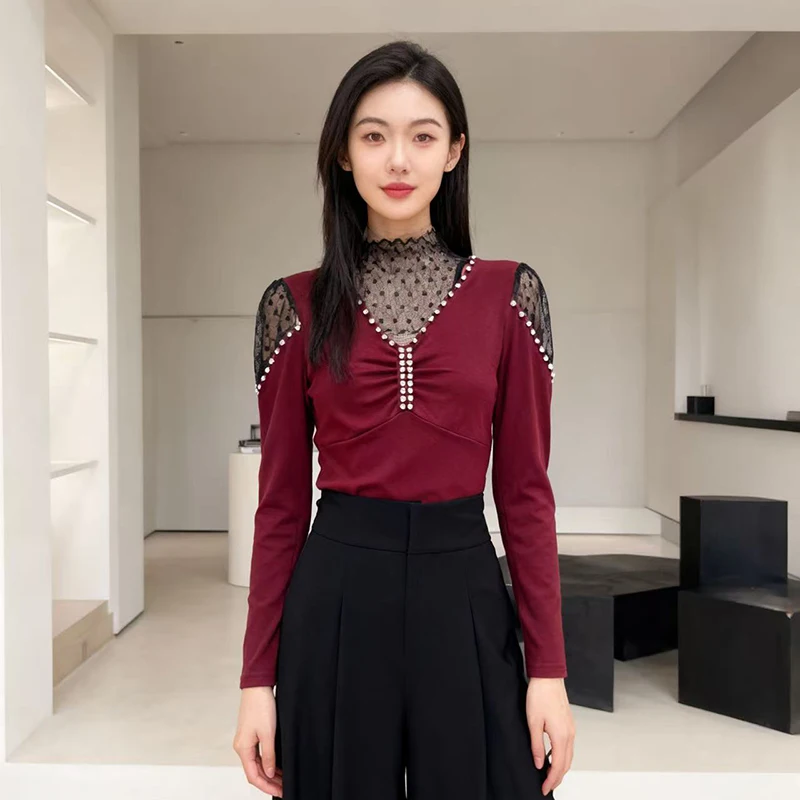 

Корейский,стиль, осень, зима, хлопок, футболка, сексуальный, с воротником-стойкой, пэчворк, кружево, бриллианты, женские, топы, длинный рукав, универсальные, футболки, 5110505