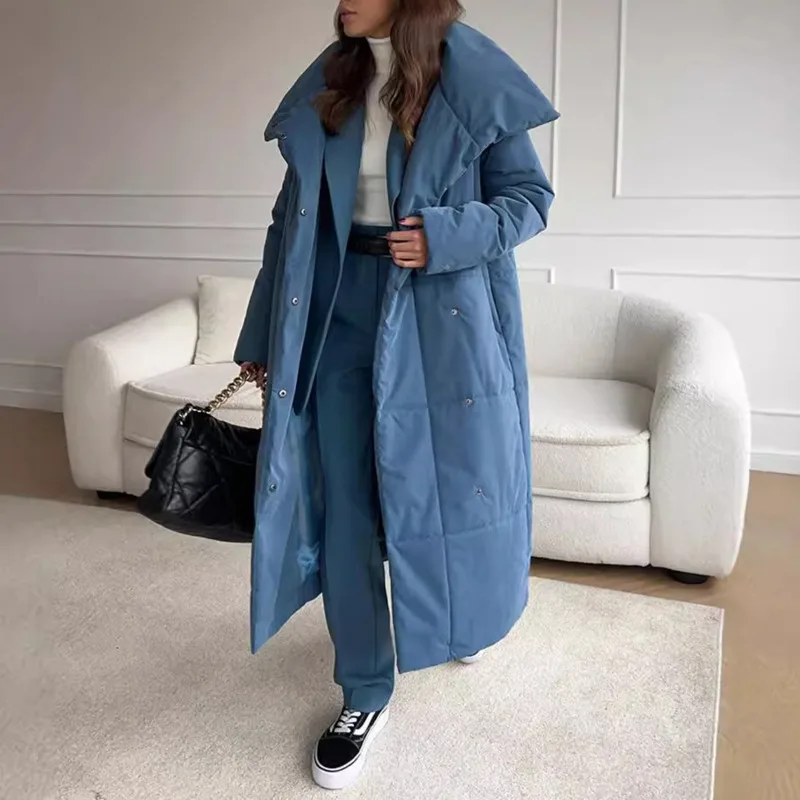HKSH Winter New Women Long Padded Coat Stand Collar Single Breasted Sashes Solid Color Elegant Trendy Casual Warm Jacket HK11359