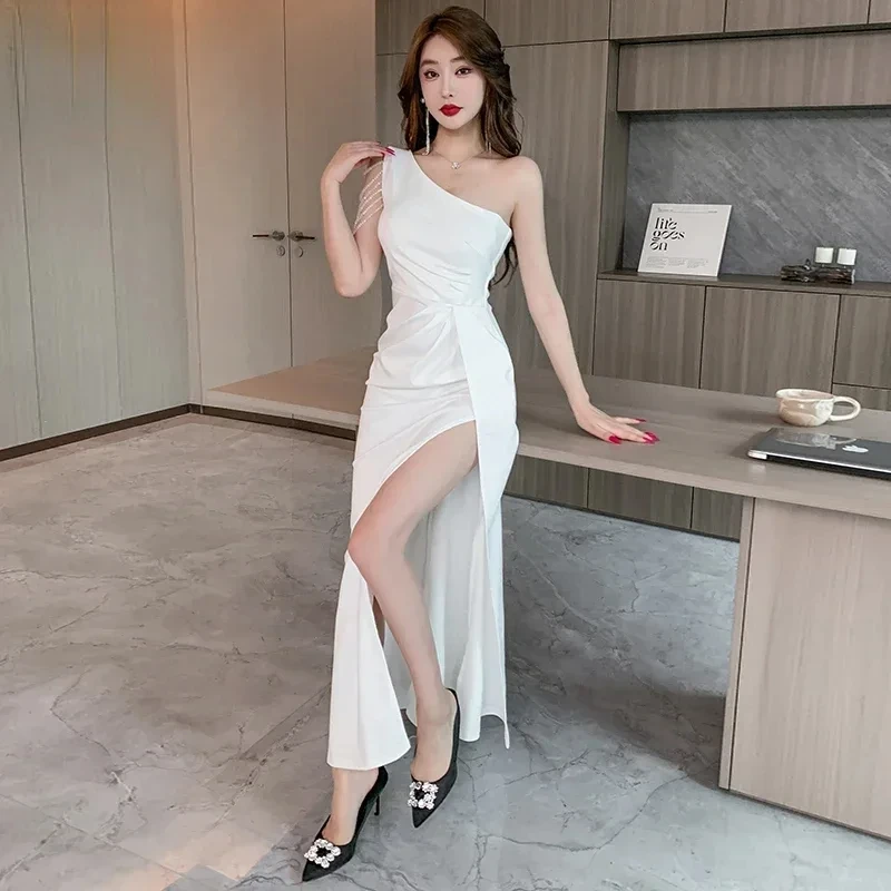 

Long Dresses 2024 Fold Summer New South Korea Fashion Solid Color High Waist Slant Collar Sleeveless Sexy Split Party Dress