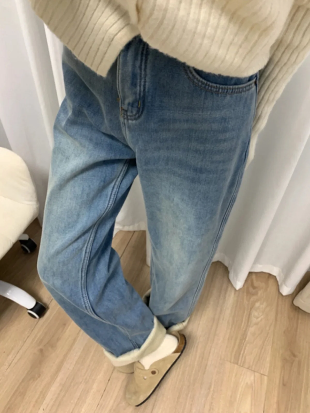 حجم كبير ارتفاع الخصر مستقيم الساق Fce اصطف واسعة الساق الجينز المرأة الخريف جديد Sle التخسيس الطابق طول بنطلون