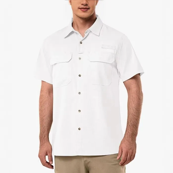 Casual Pocket Top Straight Cut Light Mature Casual with Short Sleeve Turn Down Collar Multi Pocket Patchwork Spring Men Shirts