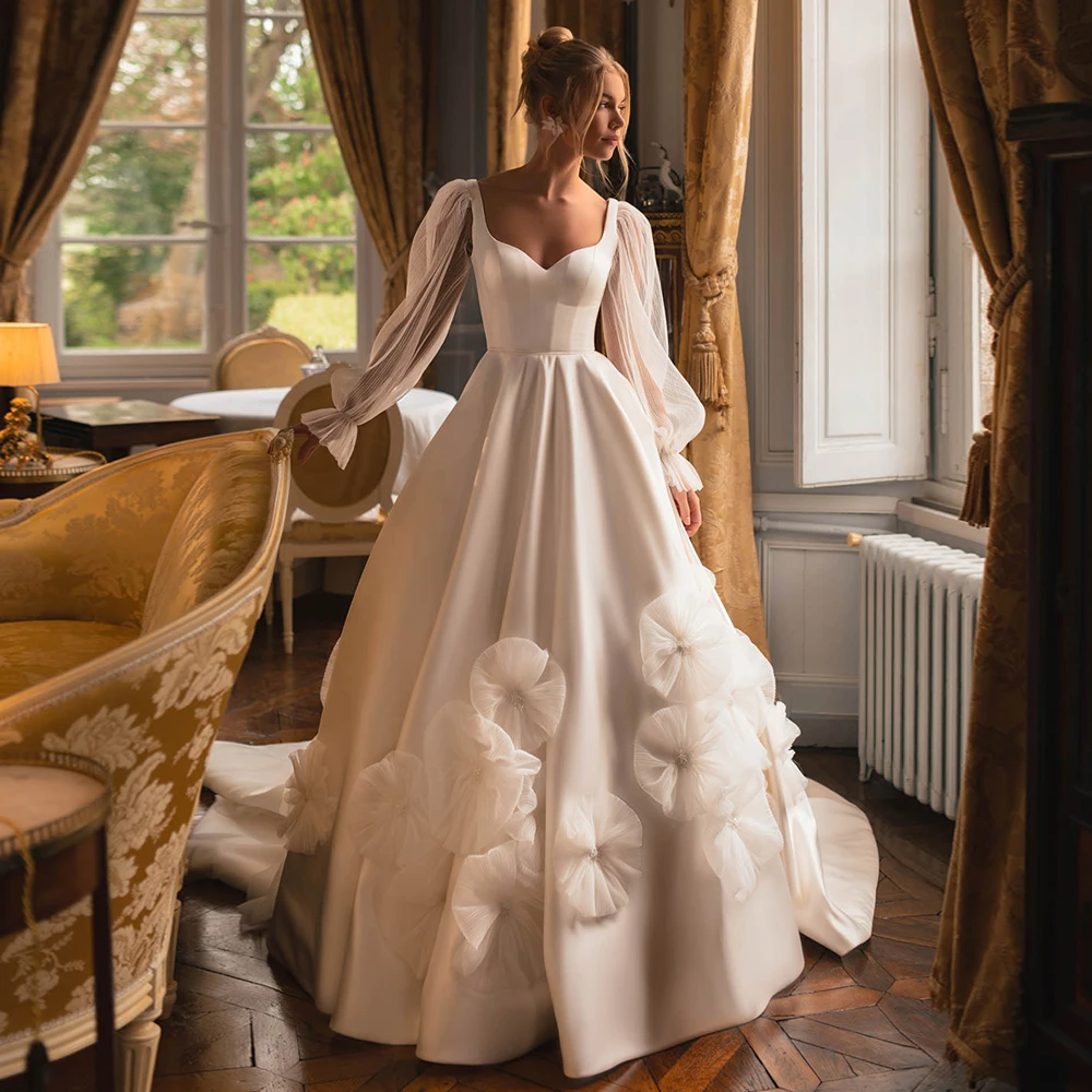 Charming Satin Wedding Dress Puff Sleeves V Neck Pleat Pearls Flowers Sweep Train Zipper Buttons Vestido De Noiva Bridal Gown