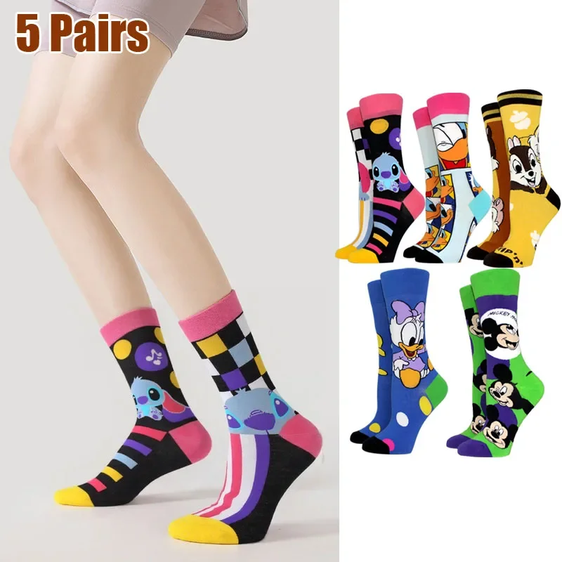 

5 Pairs New Women Socks Anime Mickey Stitch Mickey Inventive Cartoon Long Socks AB Style Socks Funny Cute Girl Socks Size 36-42