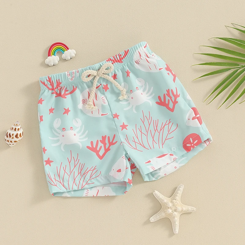 Toddler Baby Boy Swim Trunks Beach Shorts Quick Dry Cartoon Printed Drawstring Elastic Waist Summer Swimwear Outfit