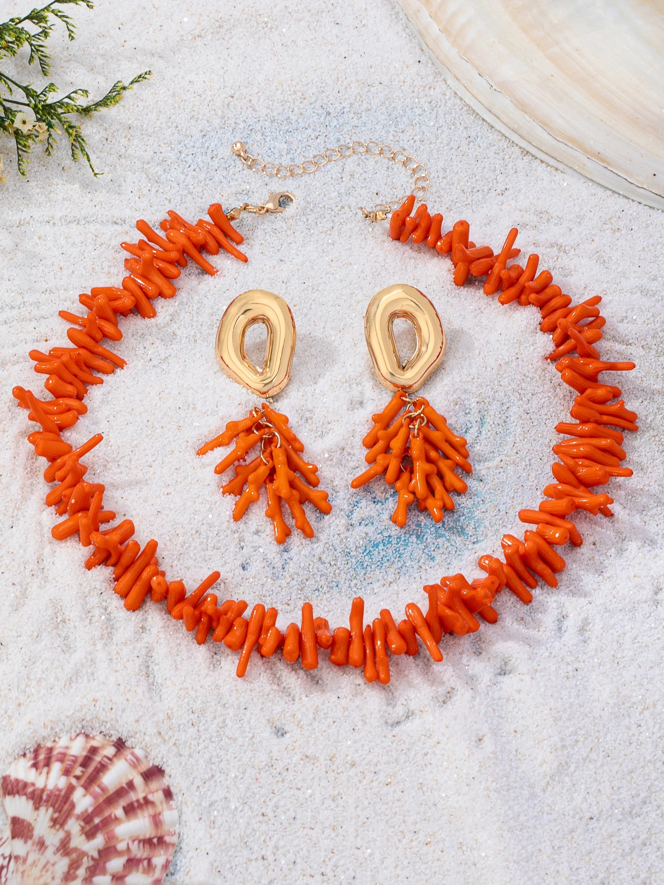 Vintage Bohemian Künstliches Korallenzweig-Schmuckset Unregelmäßige Korallenperlen-Halskette Lange Quasten-Ohrringe Damen Sommer Strand Urlaub Accessoires – Detail 12