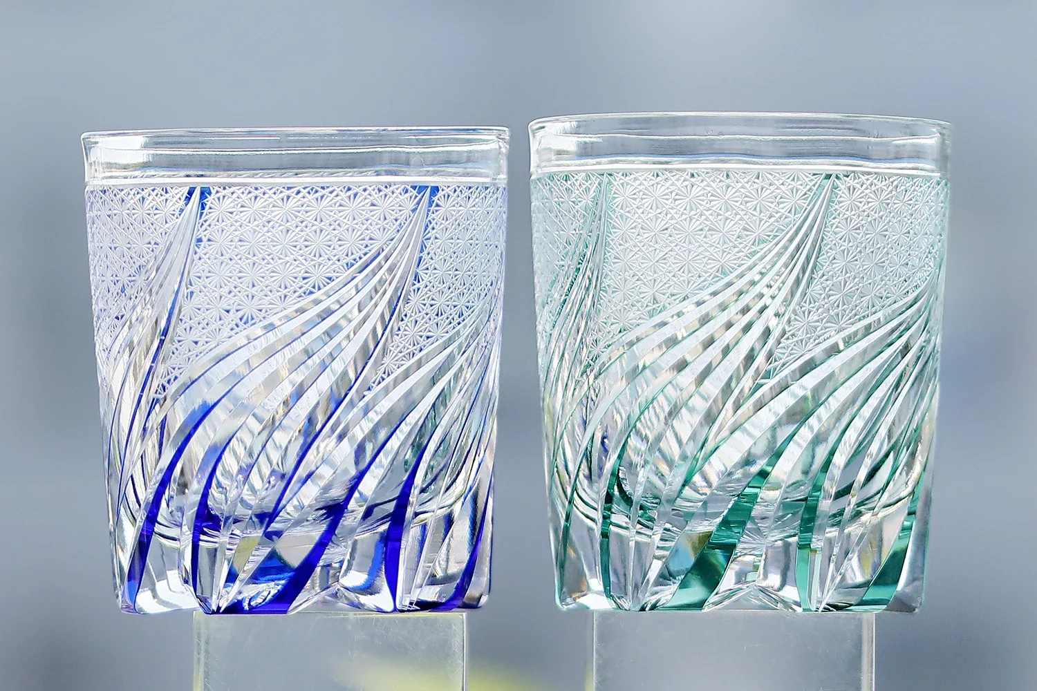 Edo Kiriko Twisted Wave Hand Cut Crystal Tumbler Color Cased Vintage Whiskey Glass Hand Engraved Drinking Glass