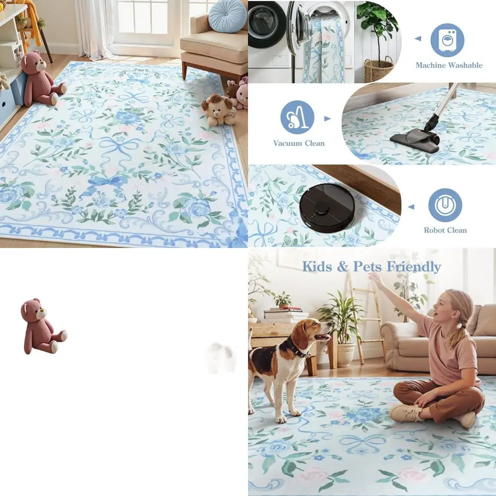 

Синие ковры с цветочным узором для девочек, моющийся коврик 5x7 футов с бантом для гостиной, милый ультратонкий нескользящий декоративный ковер для детской комнаты