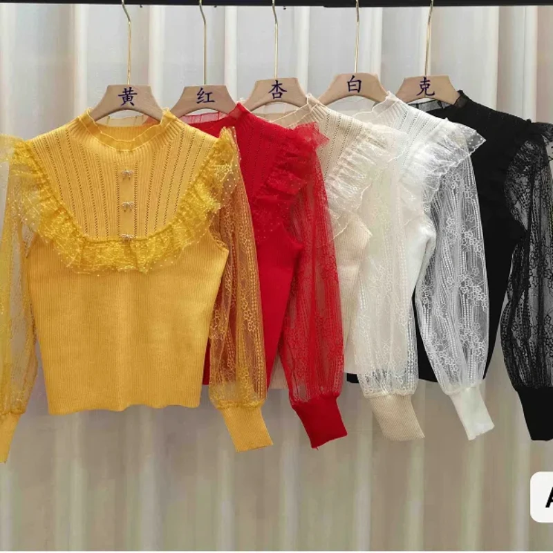 Korean Version 2024 Autumn New Fashion Splicing Half High Collar Button Gauze Chiffon Sleeve Slim Long Sleeved Knitted Tops