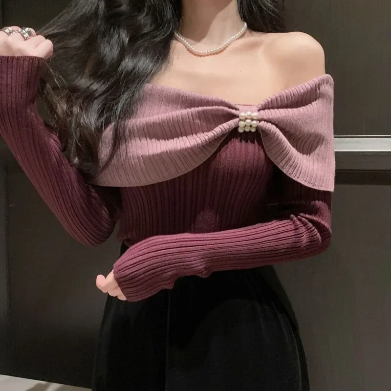 Neploe 2024 Autumn New Slim Fit Tee Shirt Vintage Sexy Off Shoulder Pearl Tops Women Y2k Long Sleeve Knitted T-shirts