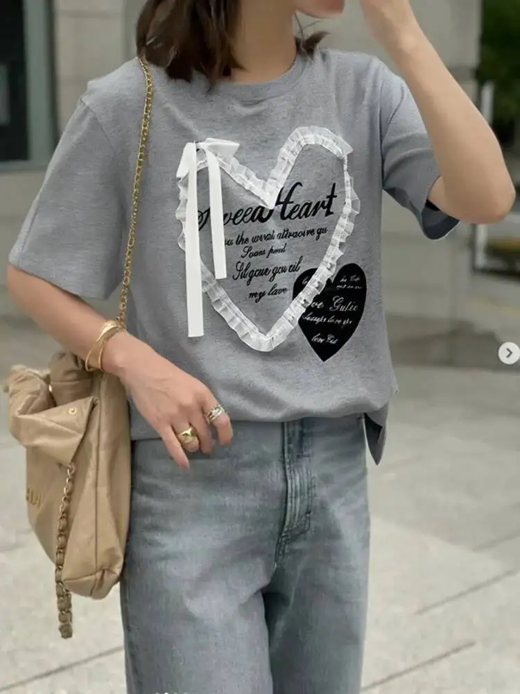 

Splicing Love Pattern Fashion Trend Beautiful Women Clothing O Neck T-shirt Summer New Gray White T Shirt Black Tops