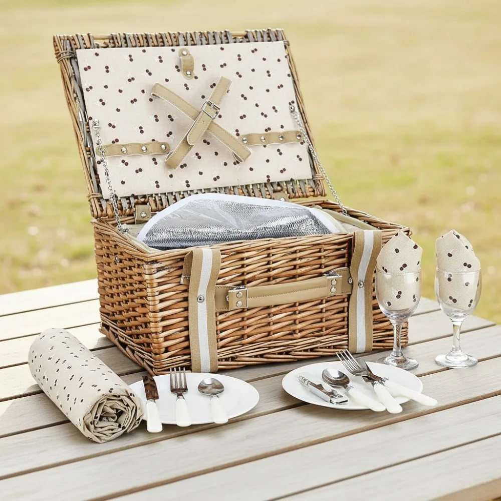 

Premium Willow Picnic Basket Set for 2 with Cooler Bag & Waterproof Blanket, Ideal for Outdoor Camping & Birthday