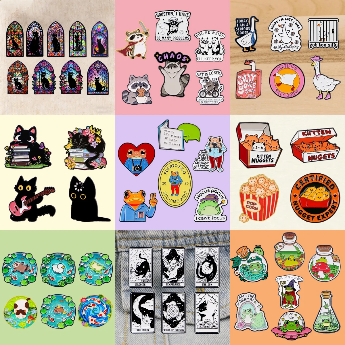 Conjunto de 3-6 Peças de Pins de Esmalte e Broches de Metal com Desenhos Animados de Gato Preto, Câmera, Sapo e Guaxinim, Série de Animais Fofos, Joias e Presentes para Amigos