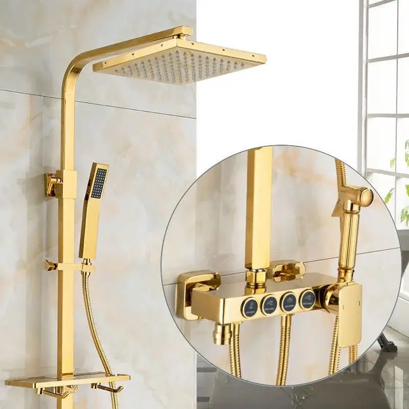 European Style Golden Wall-Mounted Shower Column Complete Set, Square Rain Shower Head Hot Cold Water Mixer Faucet for Bathroom