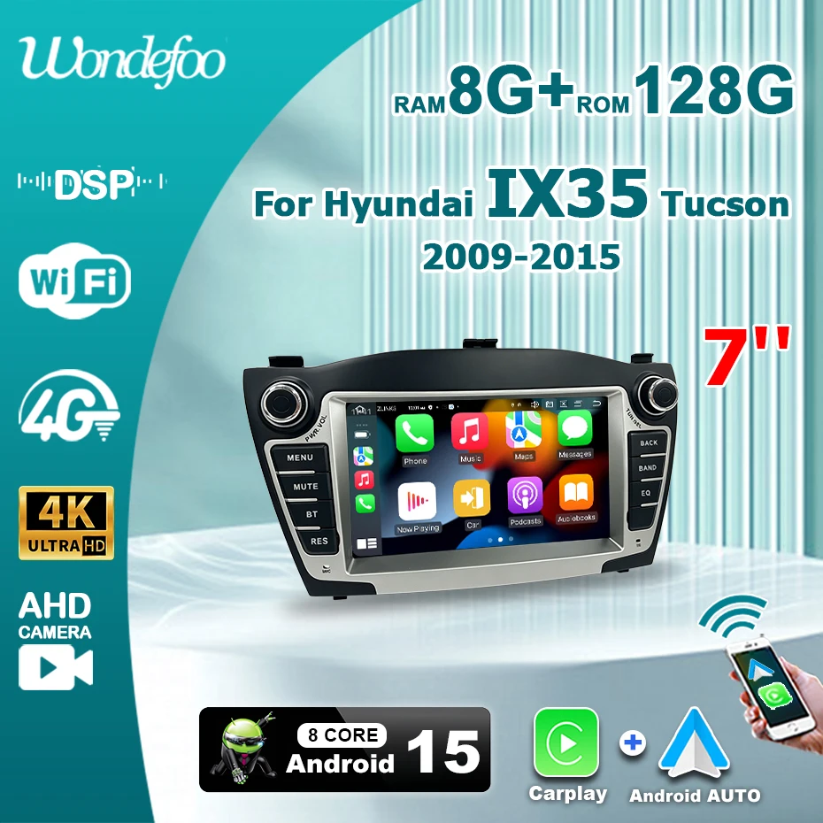 Autoradio Android 15 avec écran 7 pouces, Carplay sans fil, système intelligent Bluetooth, lecteurs vidéo 2 DIN pour Hyundai IX35 Tucson 2009-2015