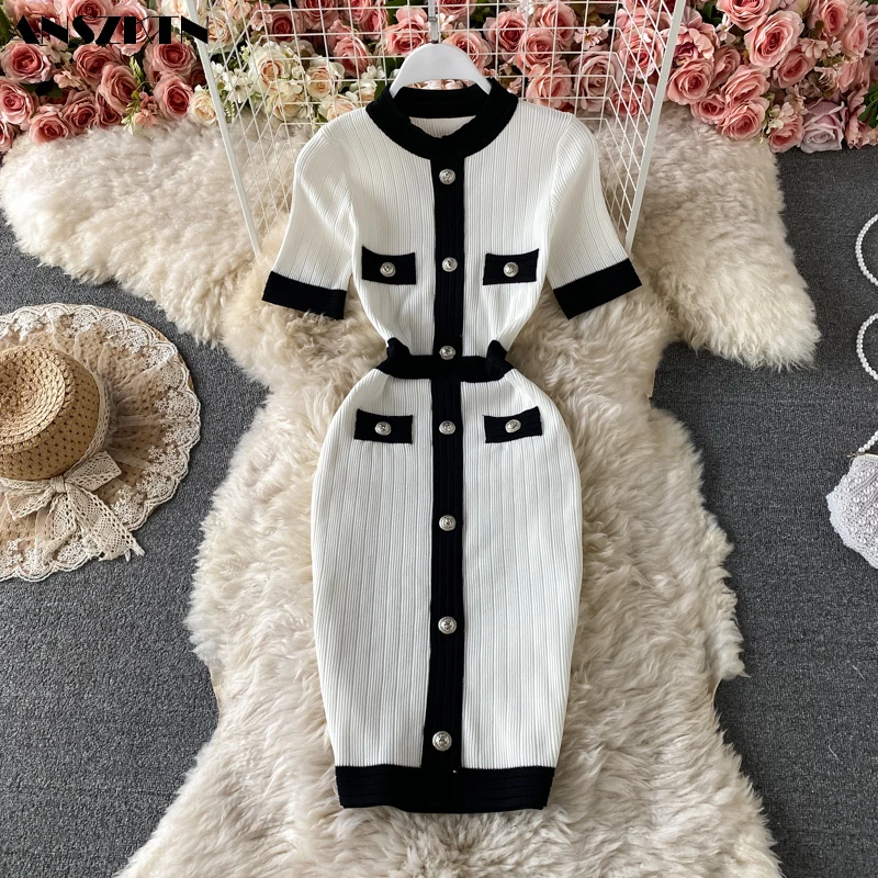 

ANSZKTN Women Autumn Knitted Dress V Neck Sexy Slim Elastic Oversized Basic Bodycon Long Dress Winter knit Warm Sweater Dresses