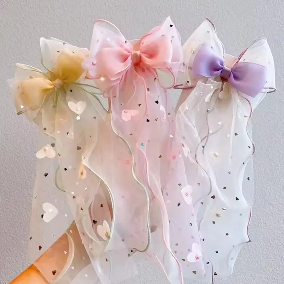 Korean Fairy Mesh Bow Hair Clip Children Princess Ponytail Ribbon Braid Top Headband Hair Accessory Summer Gift