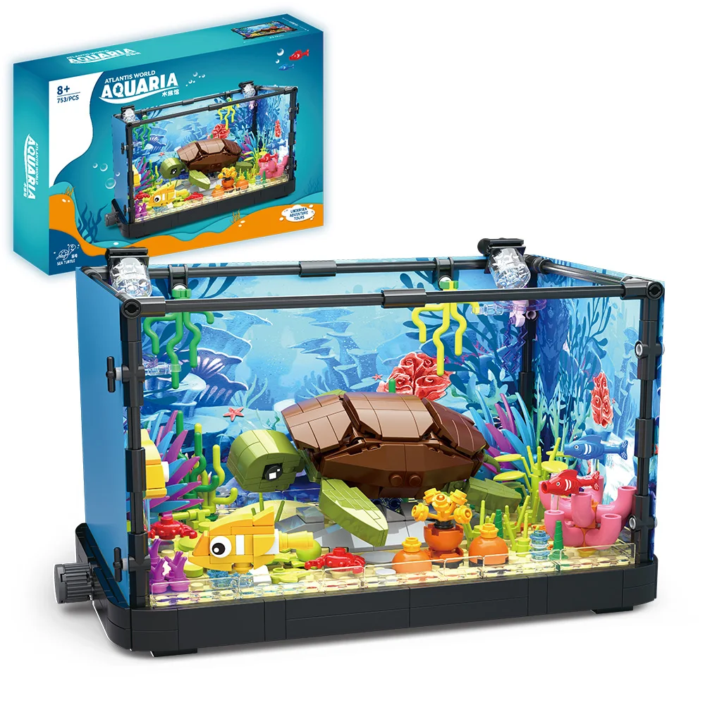 Fish Tank Block Set with Lights, Aquarium, Marine Life, Shark Eco Tank, Block Playset for Kids 6+ Years, Gift for Ocean Lovers