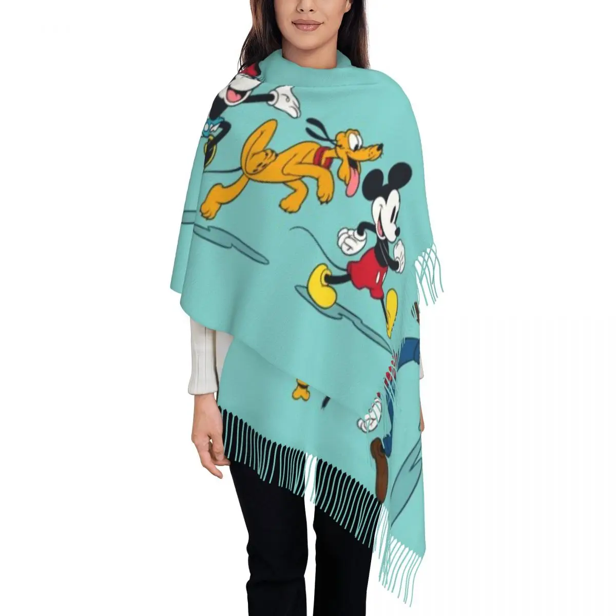 Custom Cartoon Mickey Mouse Anime Scarf Wrap Women Long Winter Fall Warm Tassel Shawl Unisex Scarves