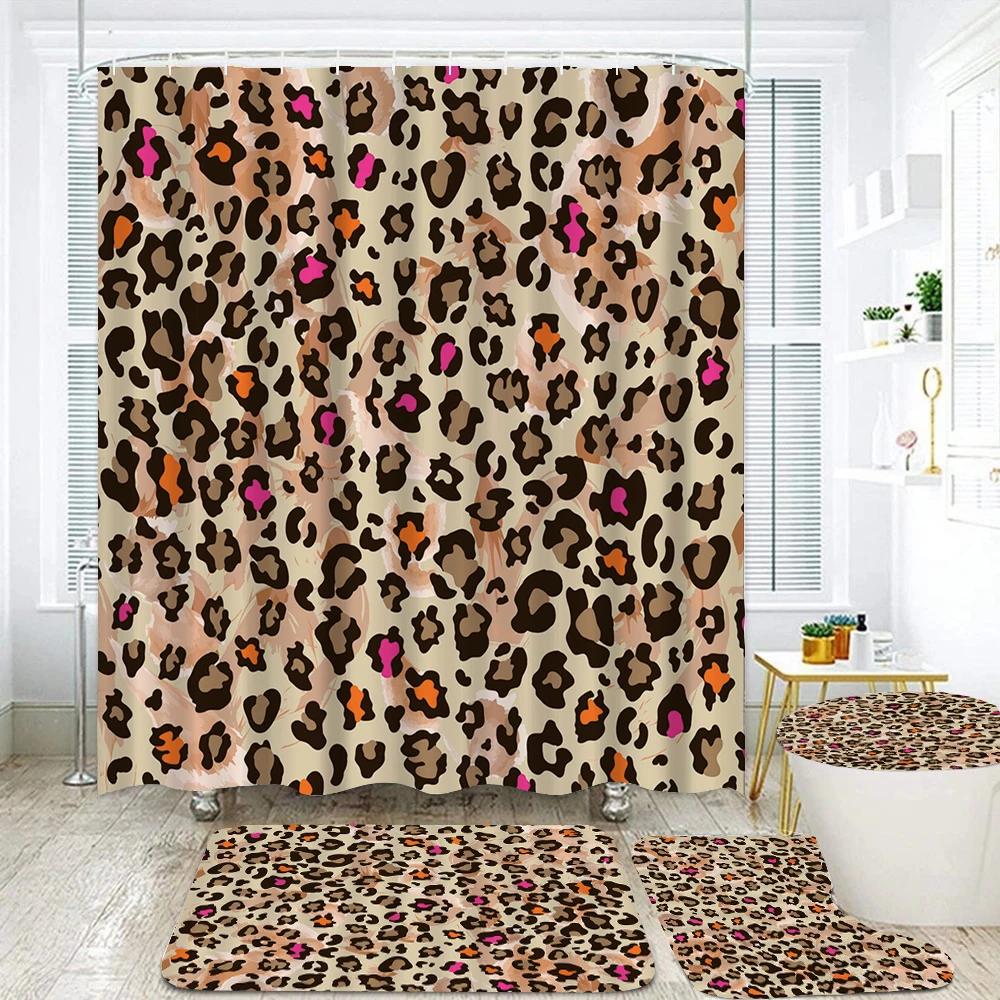 

3D Modern leopard Pattern Shower Curtains Bathroom Decor Bath Curtains Set Non-slip Bath Mats Pedestal Rug Toilet Seat Cover