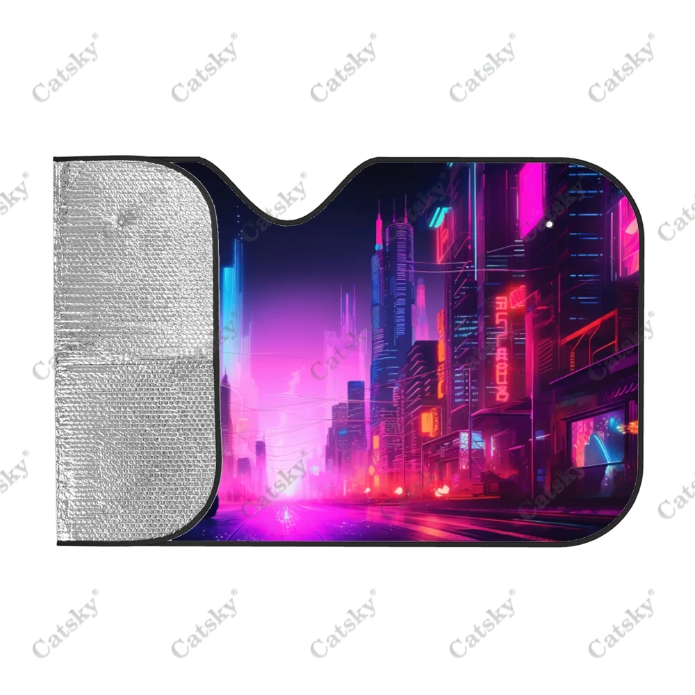 Neon Sunset Cityscape Car Windshield Sunshade, Front Auto Cars Sun Shade Blocks Uv Rays Sun-Visor Protector