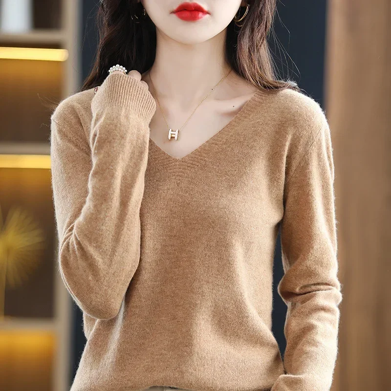 Otoño Invierno mujer suéter 2025 moda coreana prendas de punto cálido manga larga con cuello en V jerseys de punto Slim Fit camisa de fondo Jumper