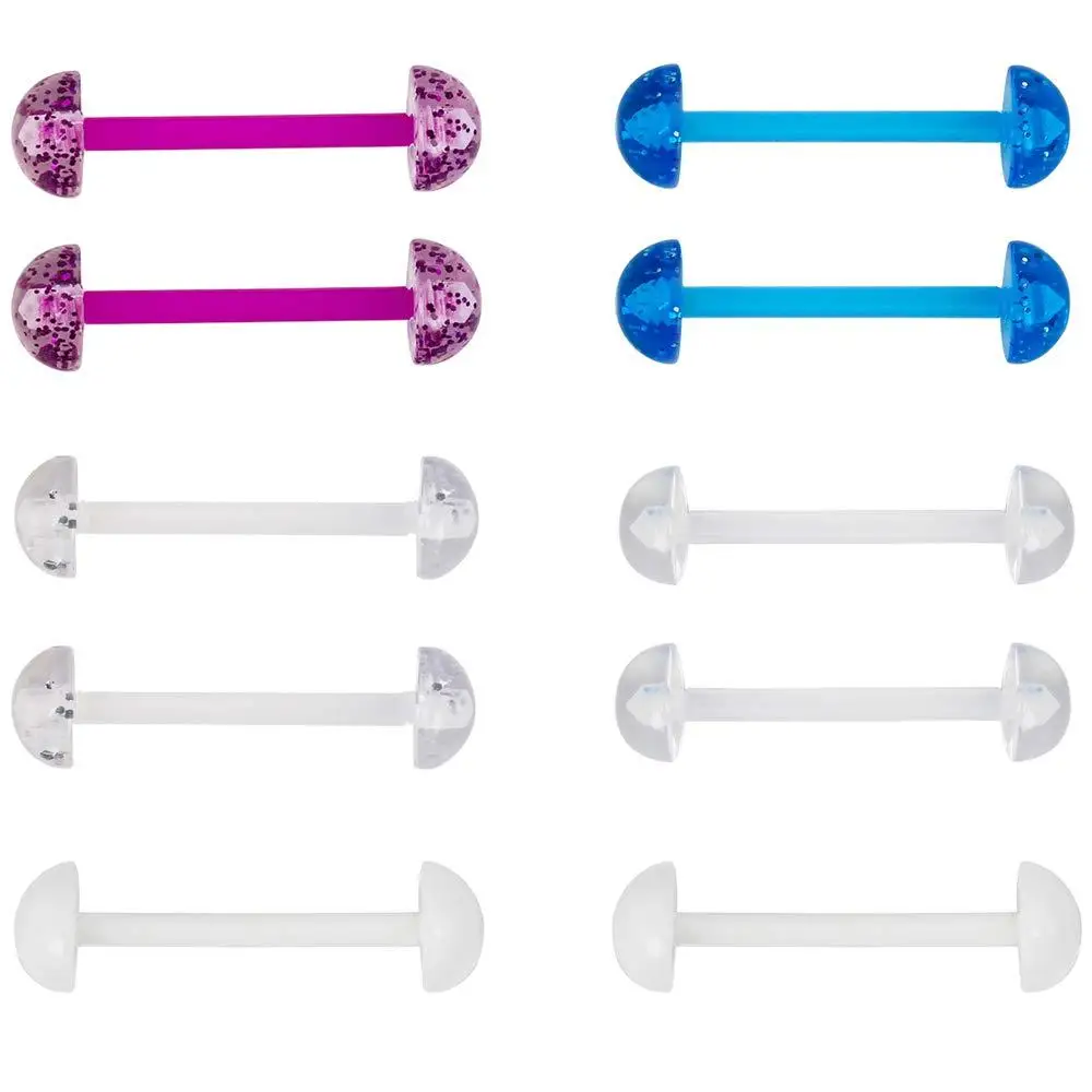 5 Pairs Acrylic Tongue Rings 14G Flexible Glitter Half Ball Tongue Barbell Retainer Body Piercing Jewelry Bar Length 16mm