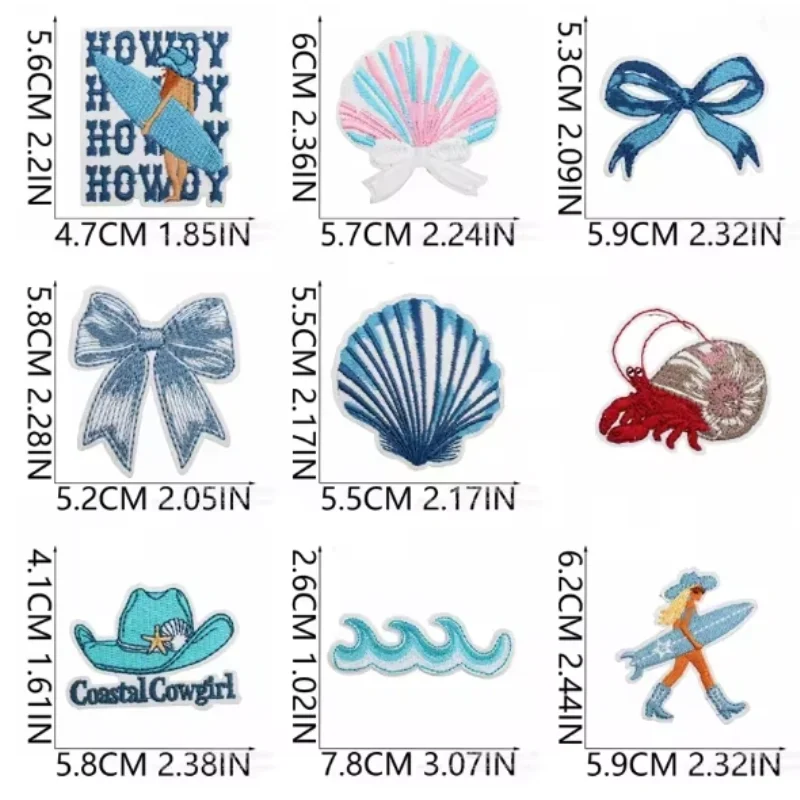 Blue Theme Embroidery Cloth Sticker, Surf Girl Patch Sticker, Wave Hermit Crab Computer Embroidery Label, Shell Chapter Sticker