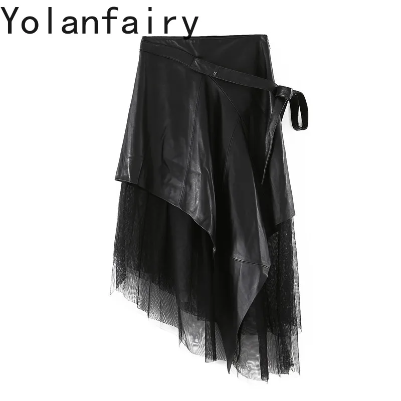 

YOLANFAIRY Real Sheepskin Leather Skirt 2026 Woman Autumn A Line Skirt Over-knee Mesh Spliced Real Leather Skirts Female 치마 롱스커트