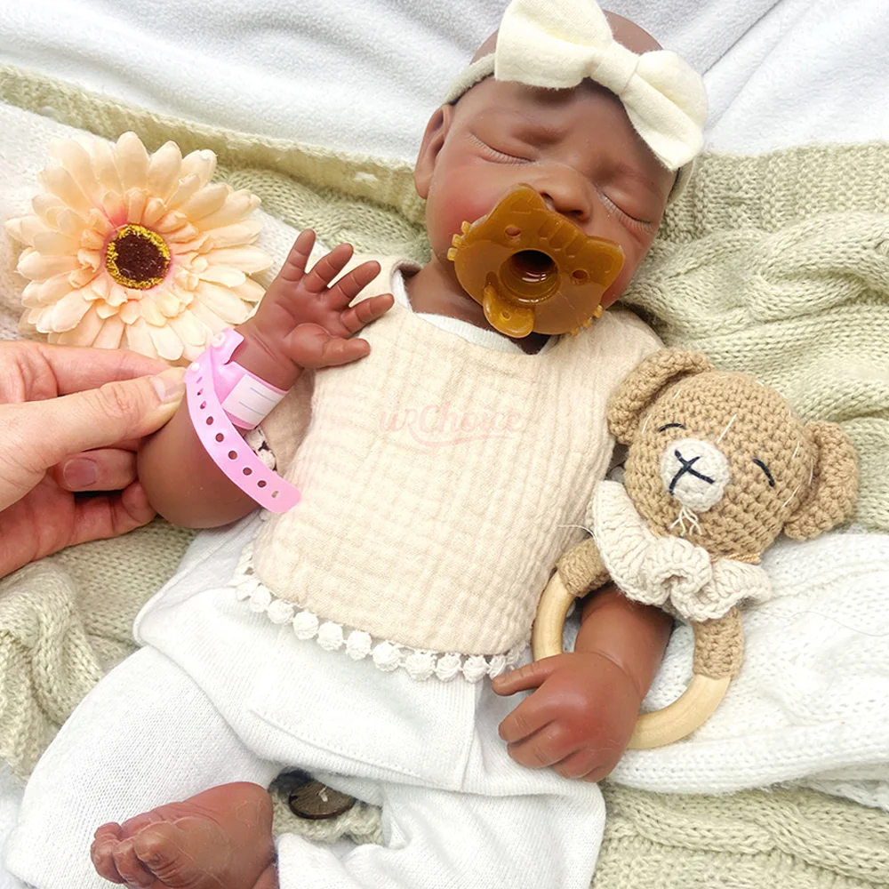 ตุ๊กตาซิลิโคนเด็กแรกเกิดขนาด 17 นิ้ว ผิวสีน้ำตาลเข้ม ตุ๊กตาเด็กผู้หญิงเหมือนจริง วาดลายผิวแบบ 3 มิติ ตุ๊กตาสำหรับโชว์งานศิลปะ