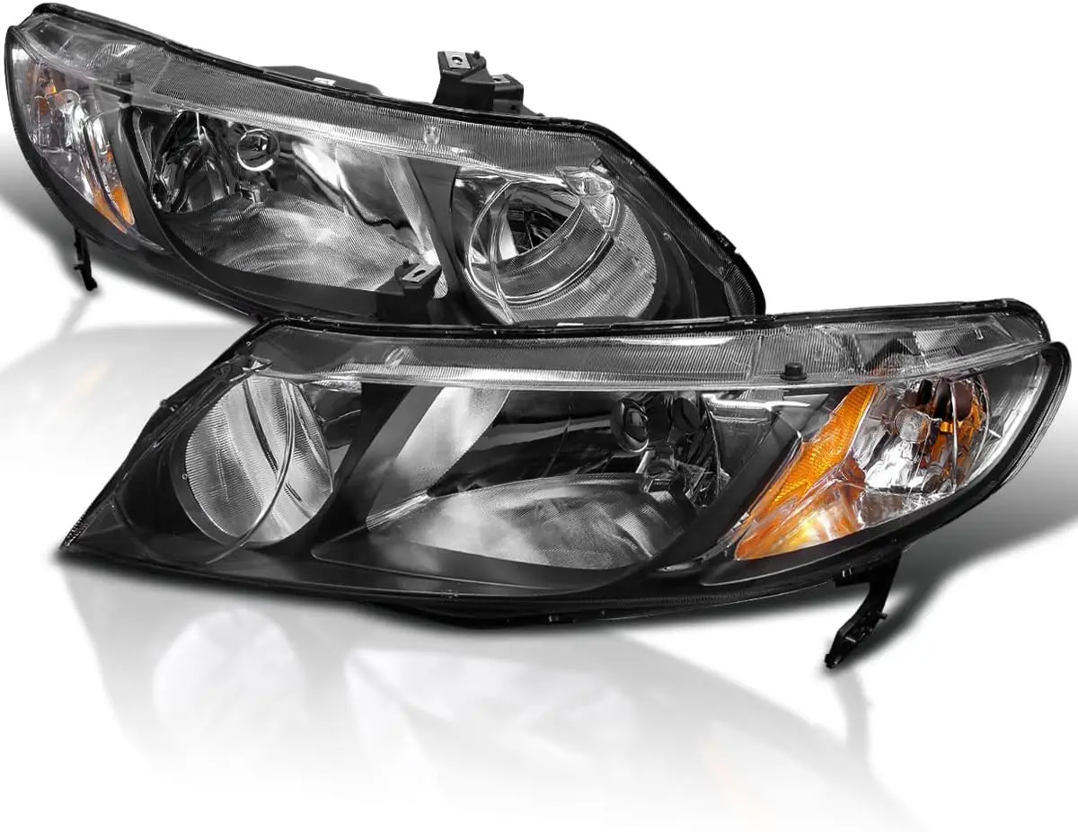 

Black Headlights Compatible with 2006-2011 Honda Civic 4Dr Sedan L+R Pair Head Lights Lamps Assembly
