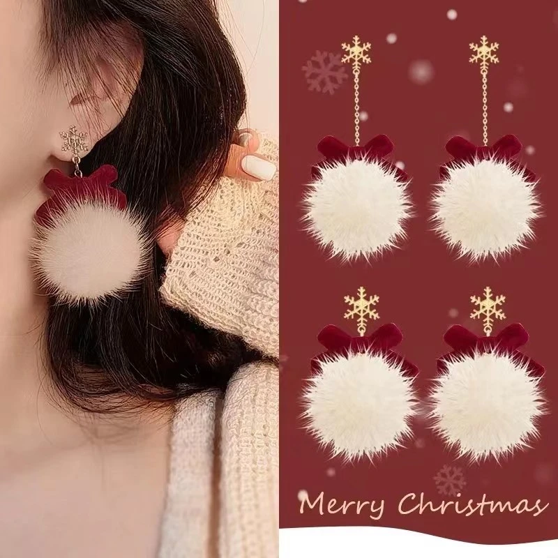 Vintage Wine Red Flocking Bow Pearl Tassel Earrings For Women Christmas Snowflake Elk Antler Plush Earrings Party Jewelry Gift