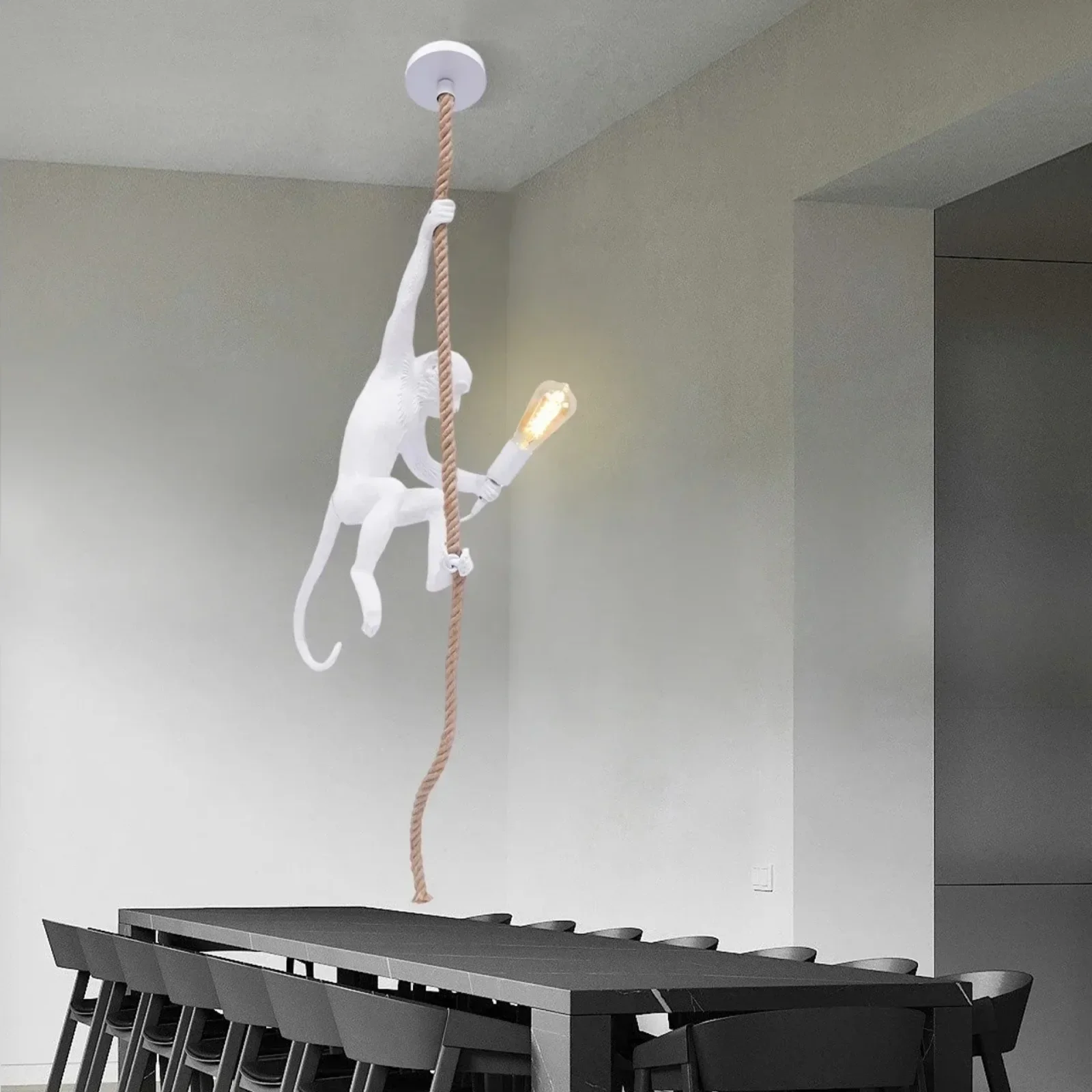 

Bymaocar White Vintage Resin Monkey Pendant Light, Vintage 8.2ft Long Hemp Rope Pendant Lamp Lighting Fixture E27 for Bar / Cafe