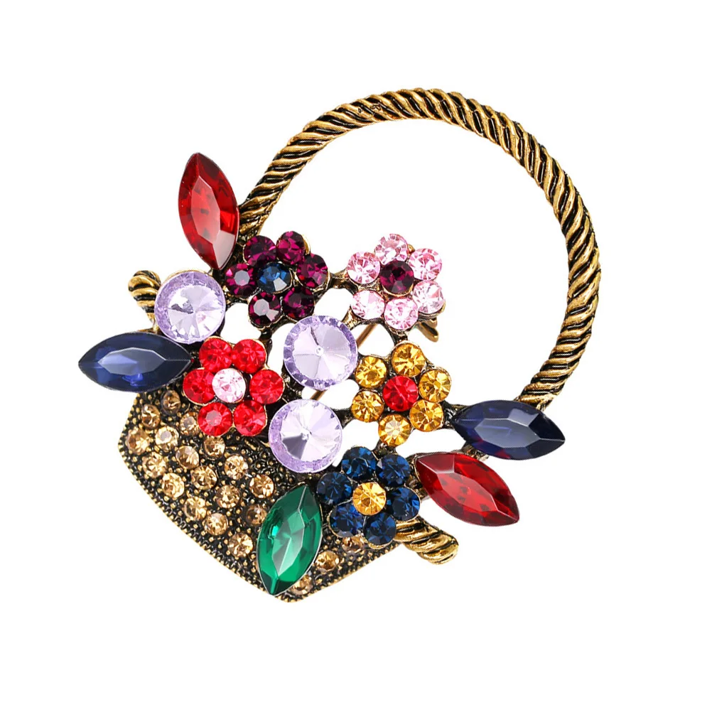 

1Pcs Rhinestone Flower Basket Brooch Pin for Women Vintage Breastpin Clip Decorative Jewelry for Party Gift Casual Formal Wear