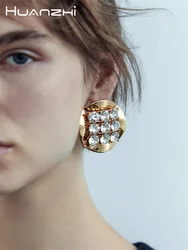 HUANZHI Geometric Circular Rhinestone Big Stud Earrings for Women Girls Trend Exaggerated Party Elegant Shiny Jewelry 2024 New