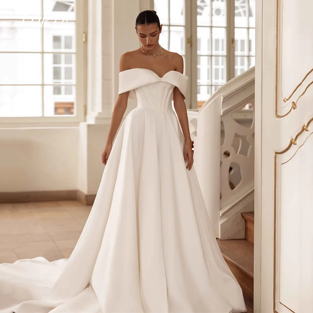 LORIE فستان زفاف كلاسيكي على شكل حرف A أنيق قبالة الكتف فساتين زفاف مشد مطوي ثوب زفاف مخصص 2026