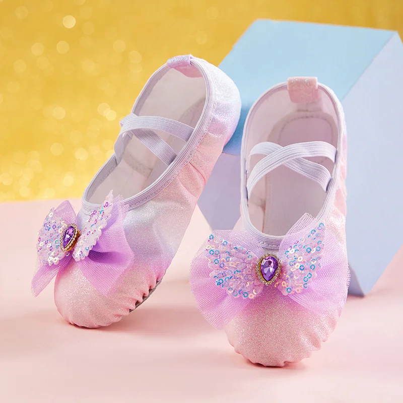 Rainbow Bow Sequins Kids Ballet Cat Paw Dance Shoes Girls Soft Sole Anti Slip Footwear for Dance Performance Practice Slippers