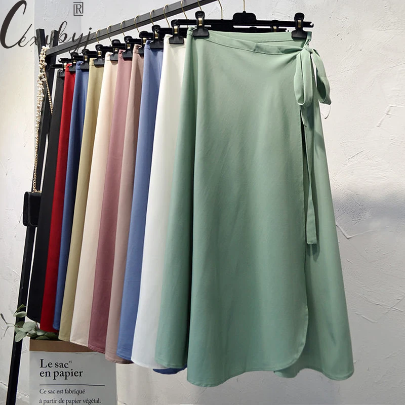 

Summer Chiffon Skirts Women Elegnat 2023 Solid Colors Beach Casual Wrap Skirts High Waist Side Tie A-Line Calf-Length Skirts