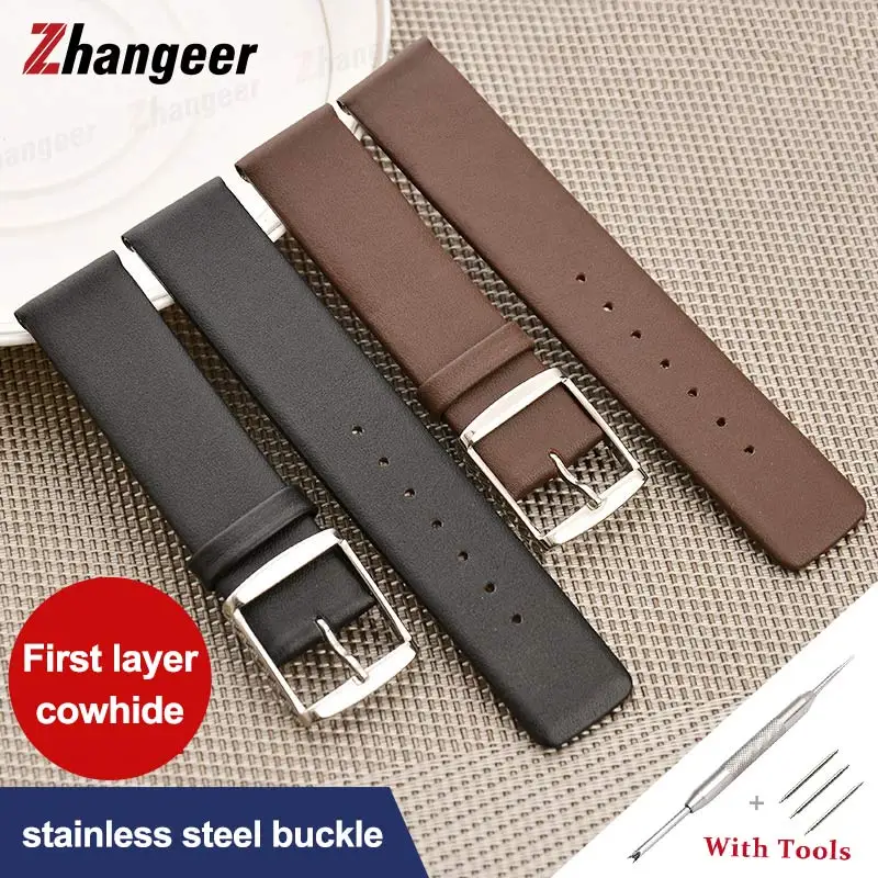 16mm 18mm 20mm 24mm Width Ultra-thin Flat Interface Genuine Leather Watchband For CK Women Men Plain Weave Wristwatch Straps